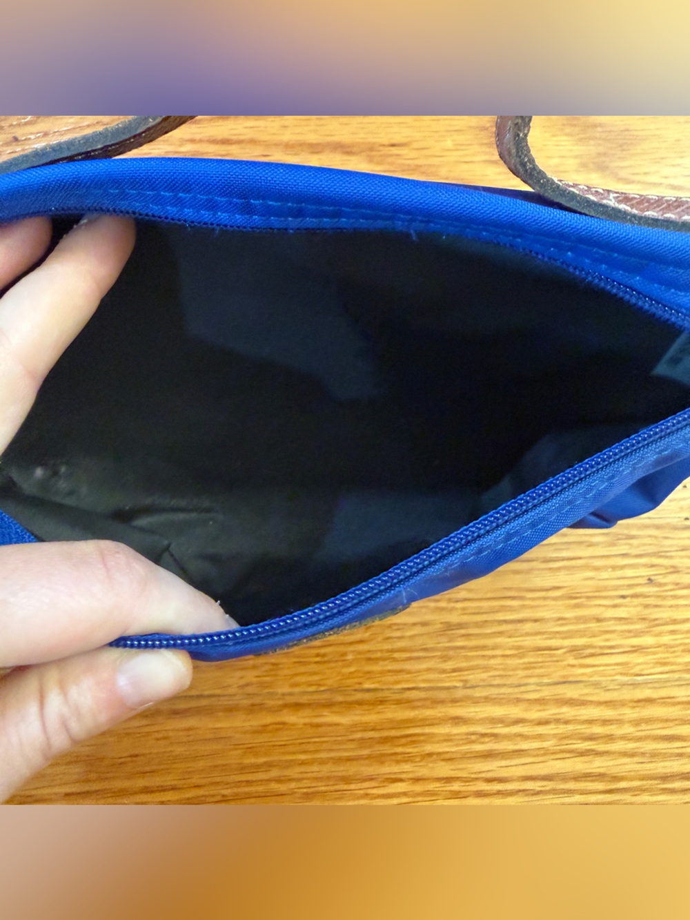 Longchamp Le Pliage Cosmetic Pouch in Blue with Brown Leather Handle - Picture 2 of 4